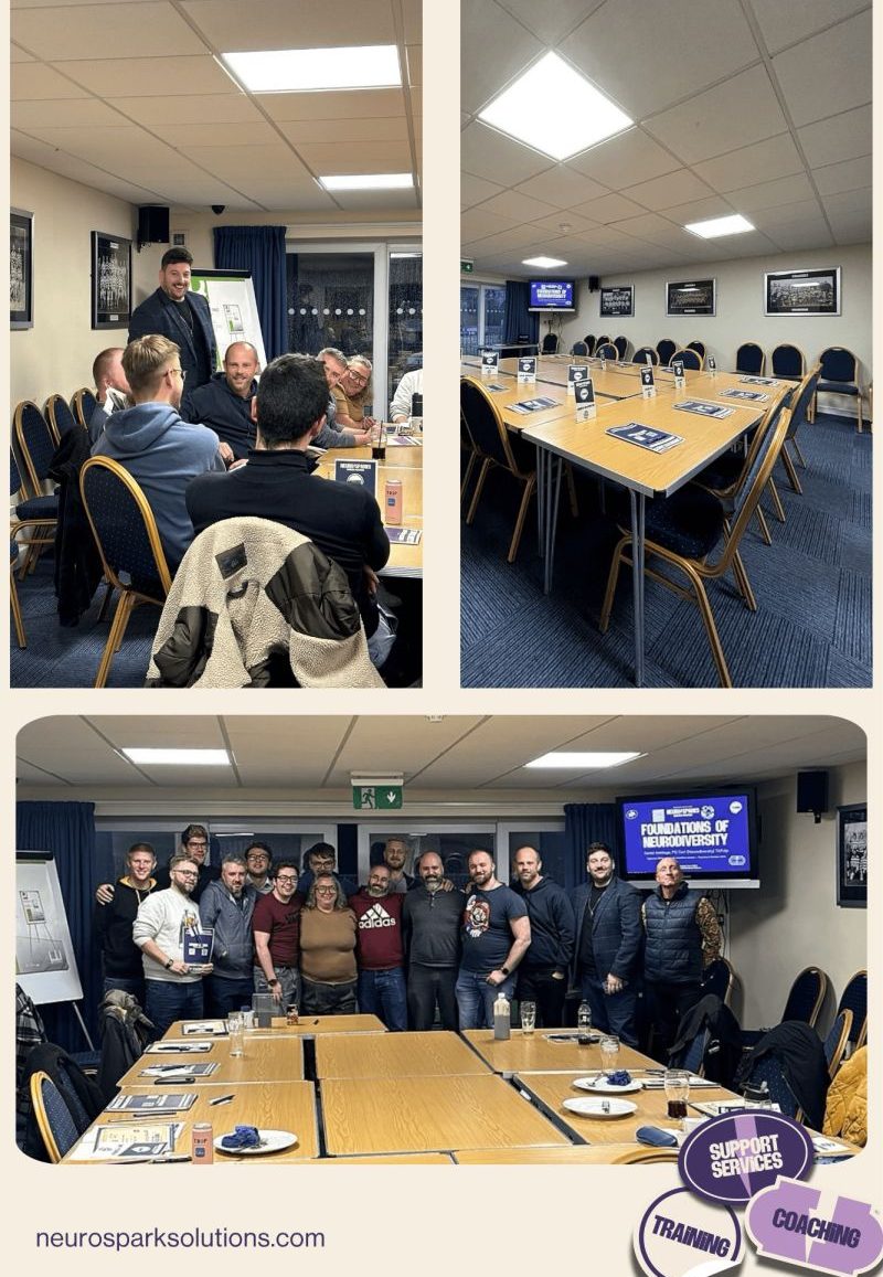 Photo collage of the Neuro-Sparks neurodiversity session at Typhoons RUFC on 8 October 2026, showing group discussion, the training room and participants together.