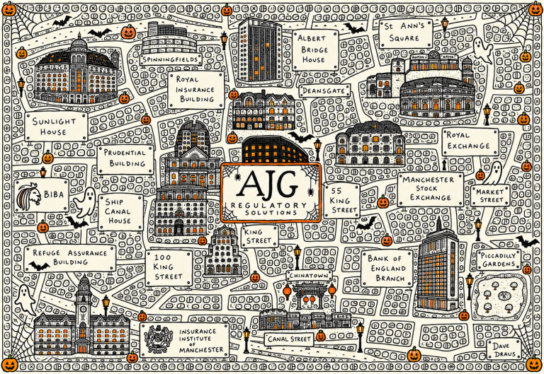AJG Regulatory Solutions’ illustrated Manchester cityscape with pumpkins, bats, ghosts and cobwebs.